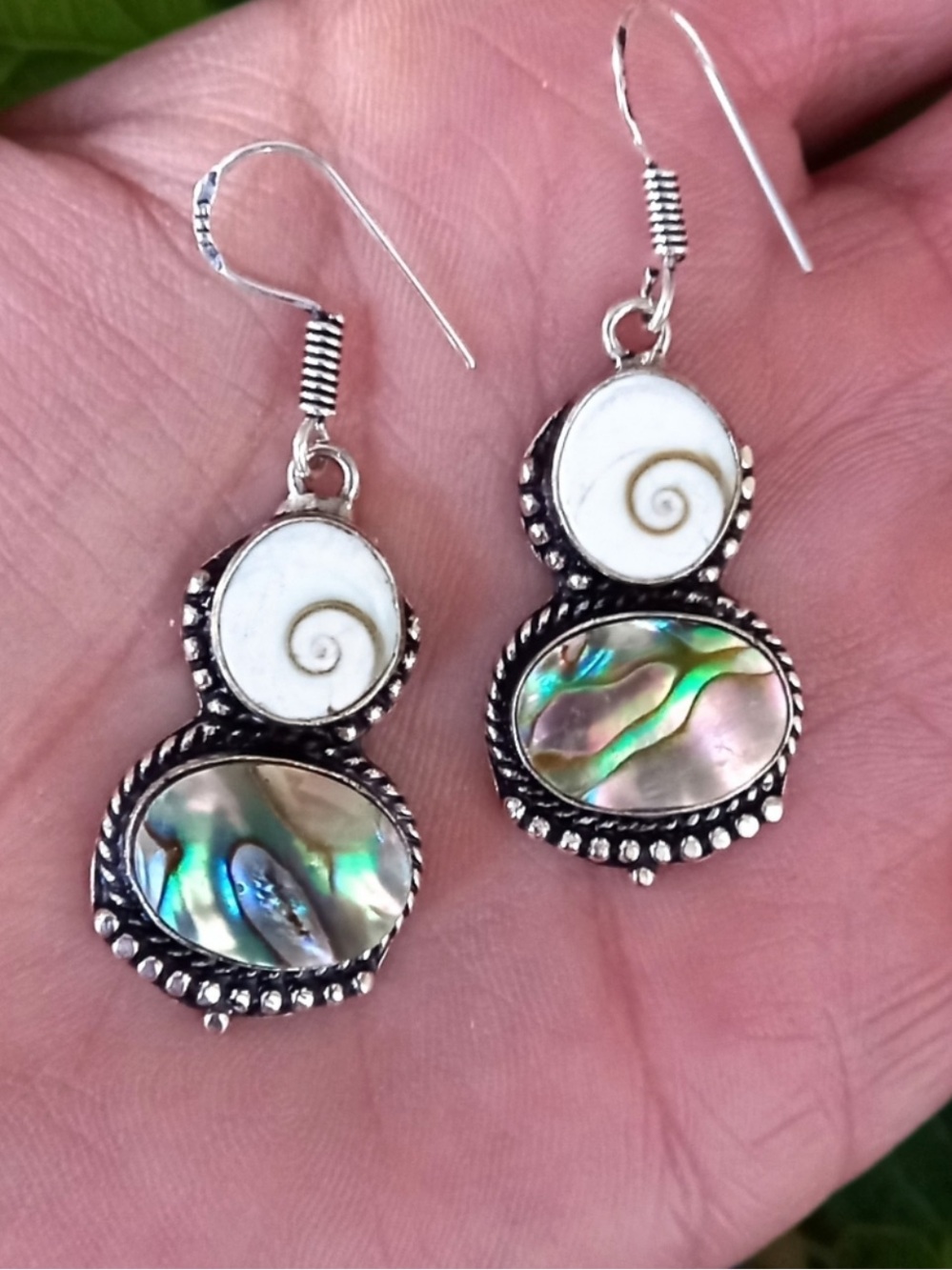 Vintage Abalone & Shiva Eye Shell Sterling Silver Earrings, Boho, Hippie, Ethnic